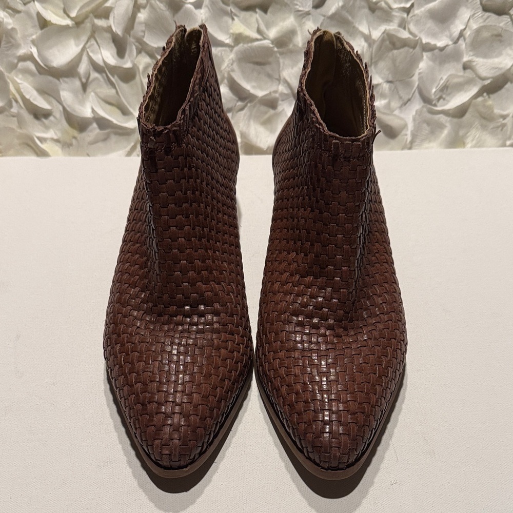 Woven Pointed Ankle Booties in Dark Brown